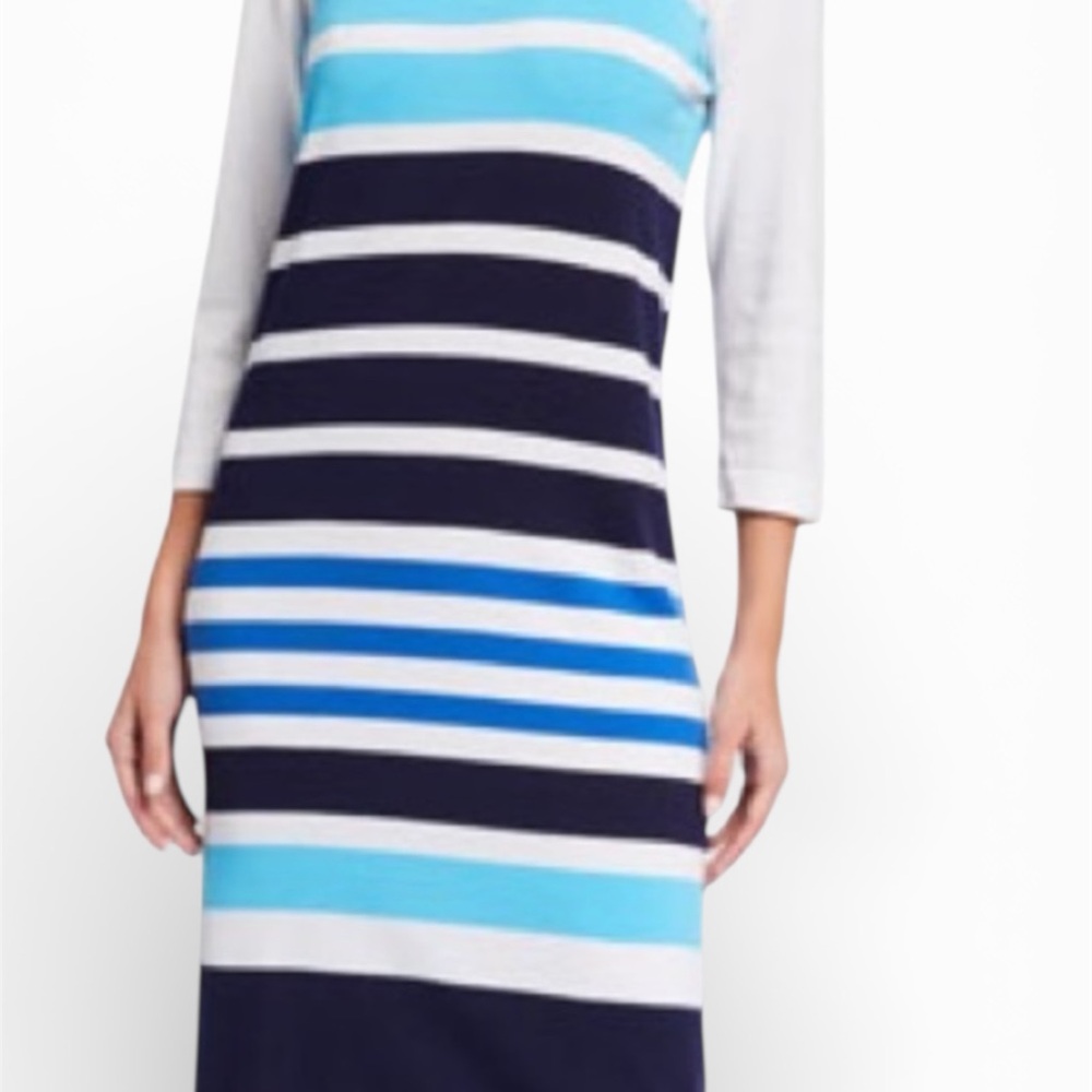 New With Tags Joan Vass Petite Blue and White Striped Sweater Dress